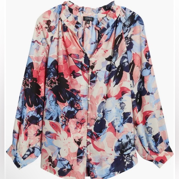 Jones New York Flower Blouse Size XL  Ruffle Neck Puff
Sleeve - Picture 2 of 14